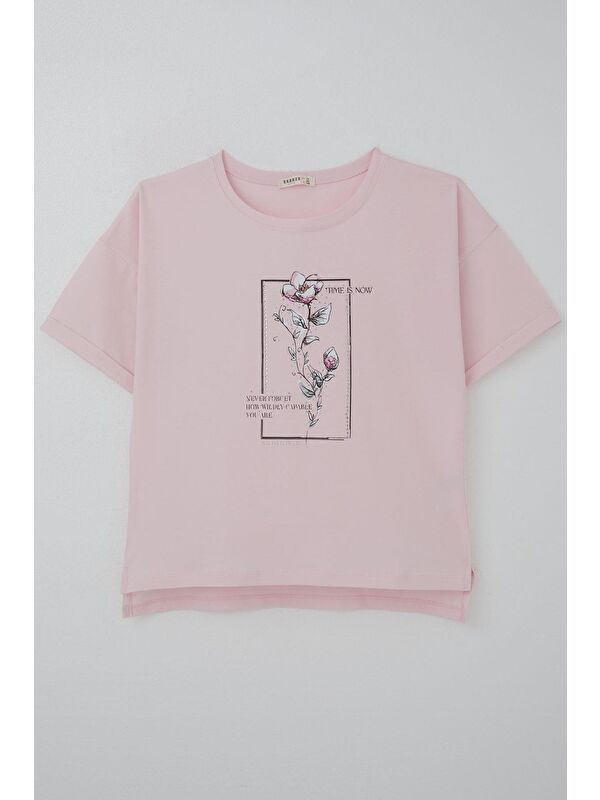Breeze Kız Çocuk Tişört Taş Aksesuarlı Çiçek Baskılı Pembe (9-16 Yaş)