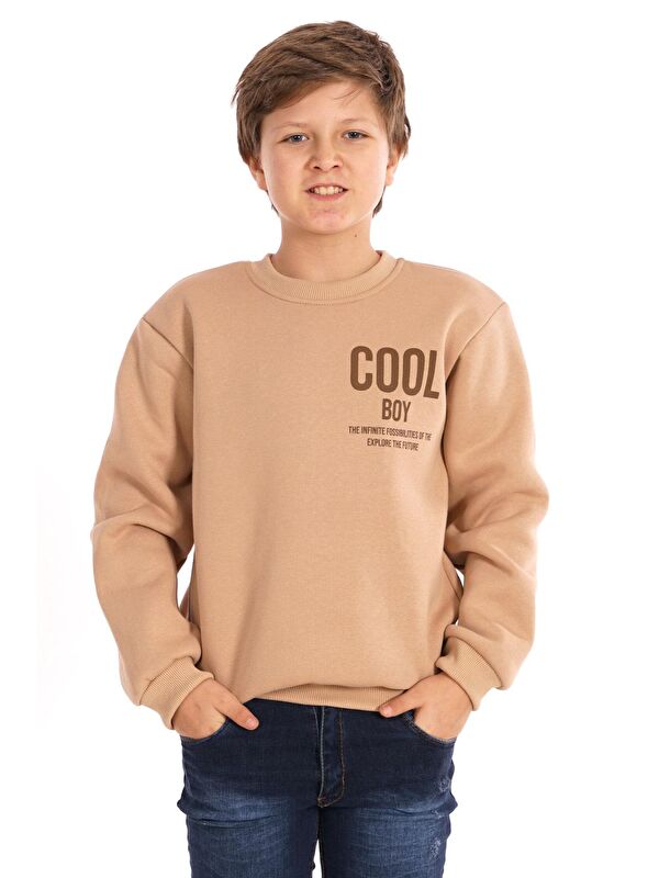 Zepkids Bisiklet Yaka Şardonlu Cool Boy Baskılı Bej Renk Erkek Çocuk Sweat