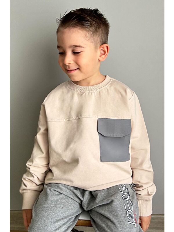 Breeze Erkek Çocuk Sweatshirt Kapaklı Cep Detaylı Bej (8-10 Yaş)