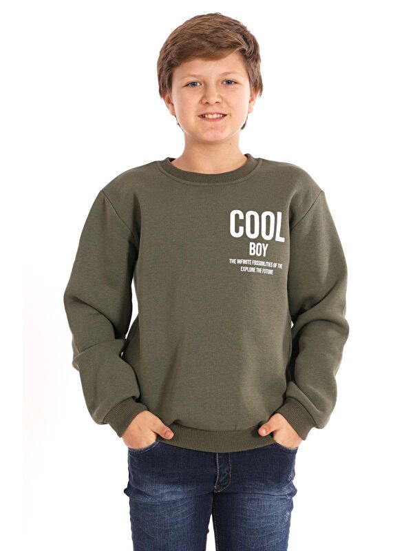 Zepkids Bisiklet Yaka Şardonlu Cool Boy Baskılı Haki Renk Erkek Çocuk Sweat