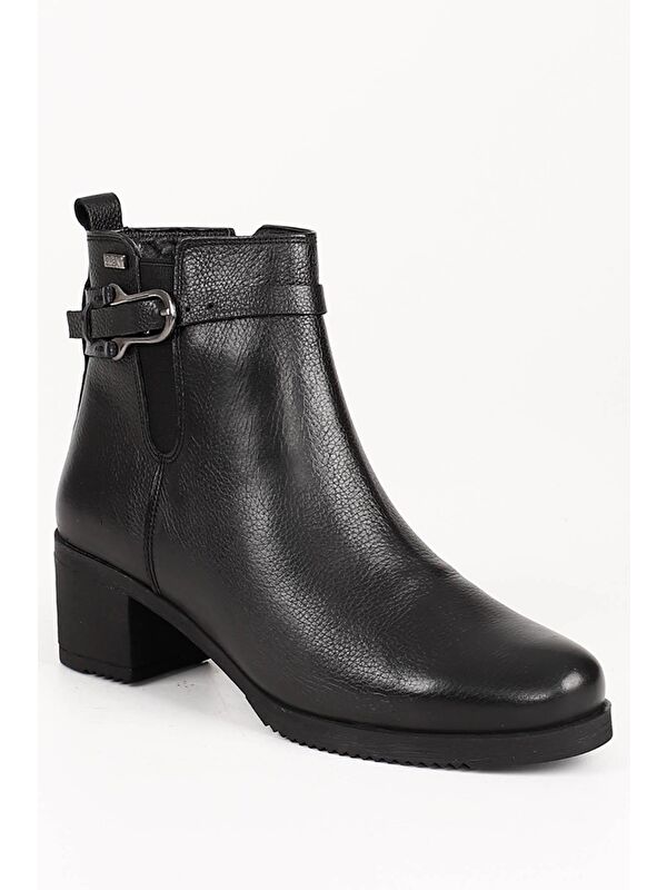 SİYAH Hakiki Deri Yuvarlak Burun Kauçuk Taban Topuklu Fermuarlı Tokalı Kadın Günlük Bot 51464 - Görsel 6