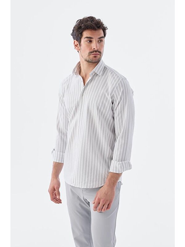 JAKAMEN Gri Comfort Fit Desenli Esnek Kumaş Pamuklu Spor Gömlek
