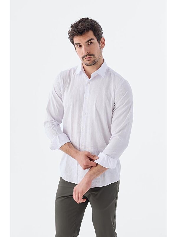 JAKAMEN Beyaz Comfort Fit Desenli Esnek Kumaş Pamuklu Spor Gömlek