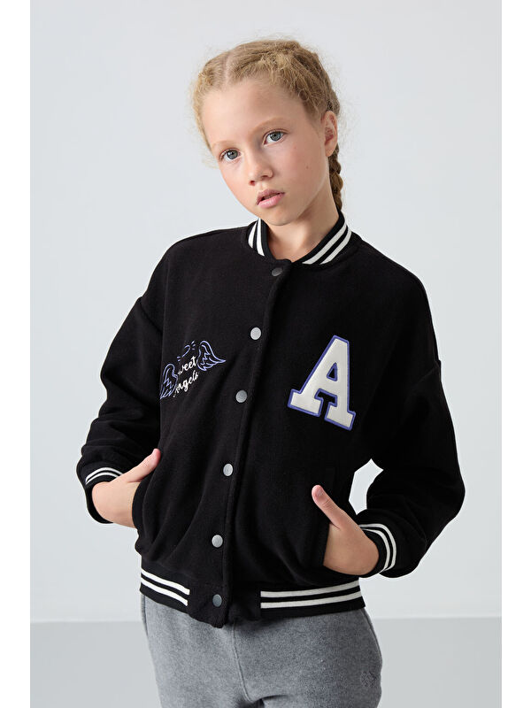 Tommylife Siyah Kalın Yumuşak Dokulu Standart Fit Nakışlı Polar Kız Çocuk Kolej Ceket - 75156