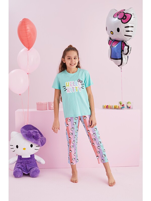 Siyah İnci Hello Kitty Lisanslı %100 Pamuk Yeşil Çok Renkli Bisklet Yaka Pijama Takım