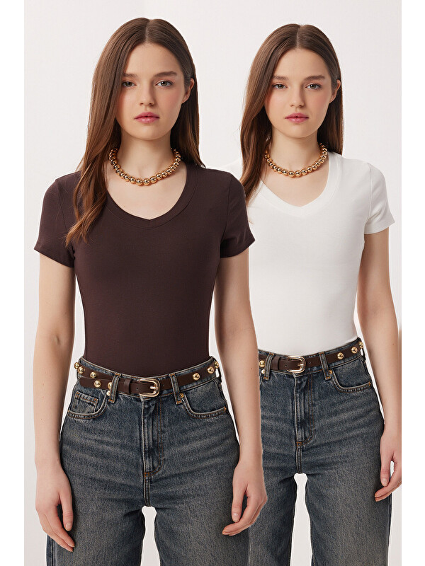 Happiness İstanbul 2’li Paket V Yaka Basic Örme T-shirt KAHVERENGİ KEMİK LDZ0068