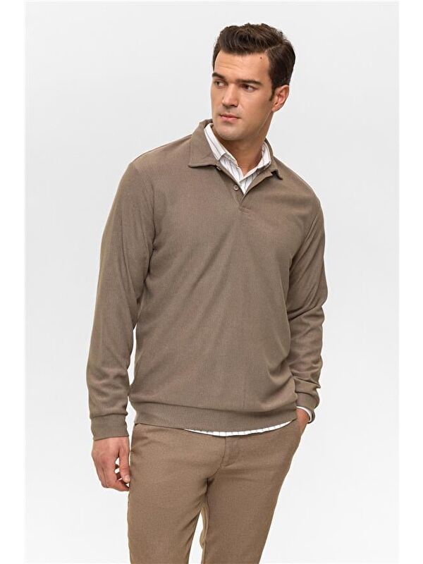 Süvari Açık Kahve Regular Düz Polo Yaka Sweatshirt