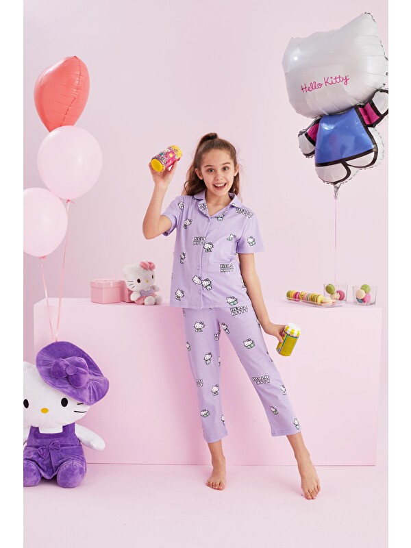 Siyah İnci Hello Kitty Lisanslı %100 Pamuk Lila Çok Renkli Düğmeli Pijama Takım