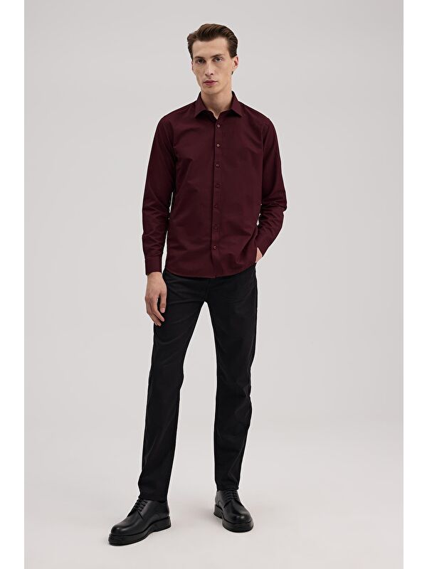 JAKAMEN Bordo Comfort Fit Alttan Düğmeli Yaka Desenli Gömlek