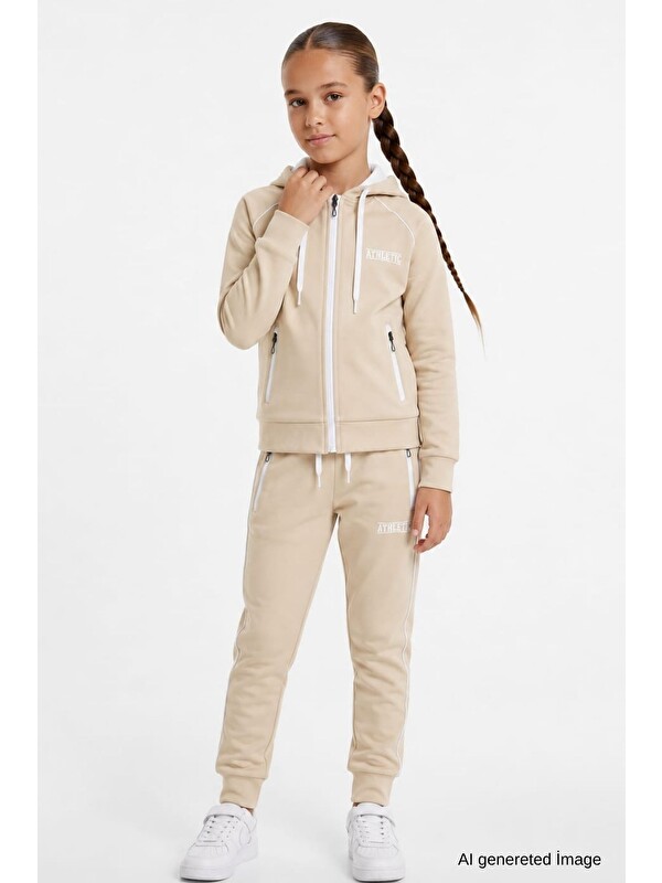 Pina Kids Kız Çocuk Scuba Atheletic Reglan Kol Kapüşonlu Dalgıç Kumaş Eşofman Takımı ESF7027