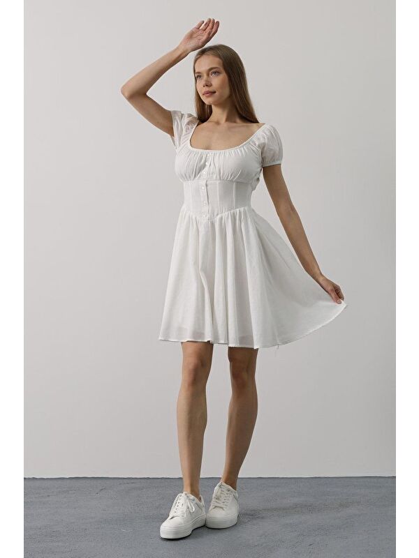 Jane's Beli Korseli Mini Elbise - Beyaz
