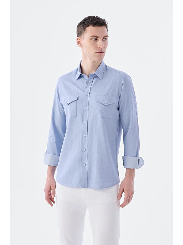 JAKAMEN Mavi Comfort Fit Cepli Çıtçıtlı %100 Pamuk Jean Gömlek