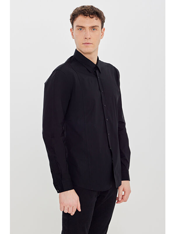 Altınyıldız Classics Erkek Siyah Slim Fit Dar Kesim Pamuklu Klasik Yaka Gömlek