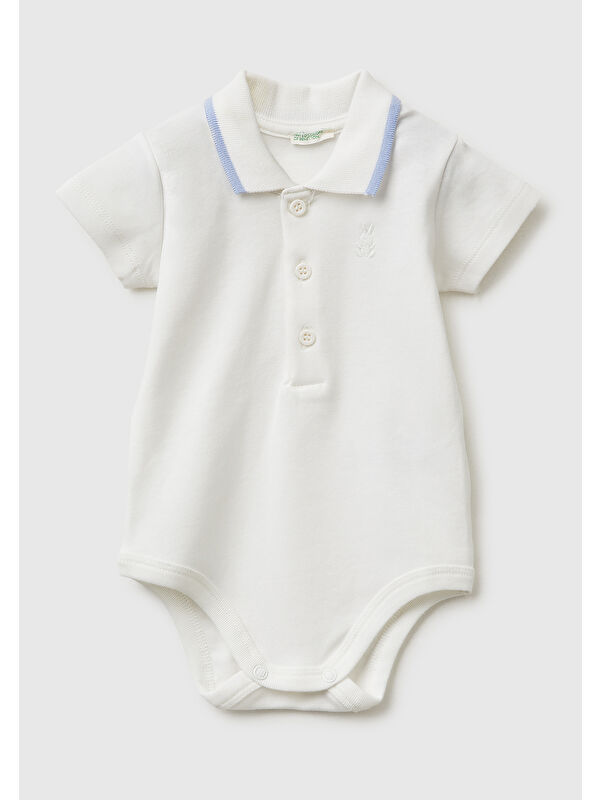 United Colors Of Benetton Bebek Beyaz Göğsü Logolu Polo Yaka Çıtçıtlı Kısa Kollu Body