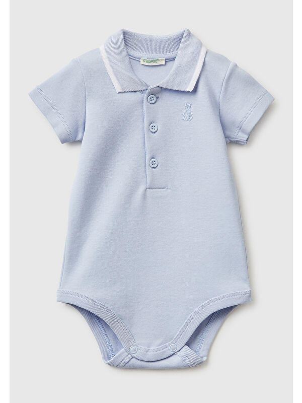 United Colors Of Benetton Bebek Toz Mavi Göğsü Logolu Polo Yaka Çıtçıtlı Kısa Kollu Body