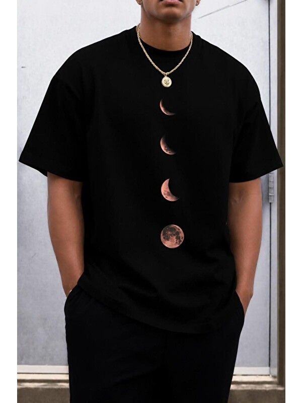 Oksit Moon Baskılı Bisiklet Yaka Pamuklu Erkek T-Shirt Rahat Kesim