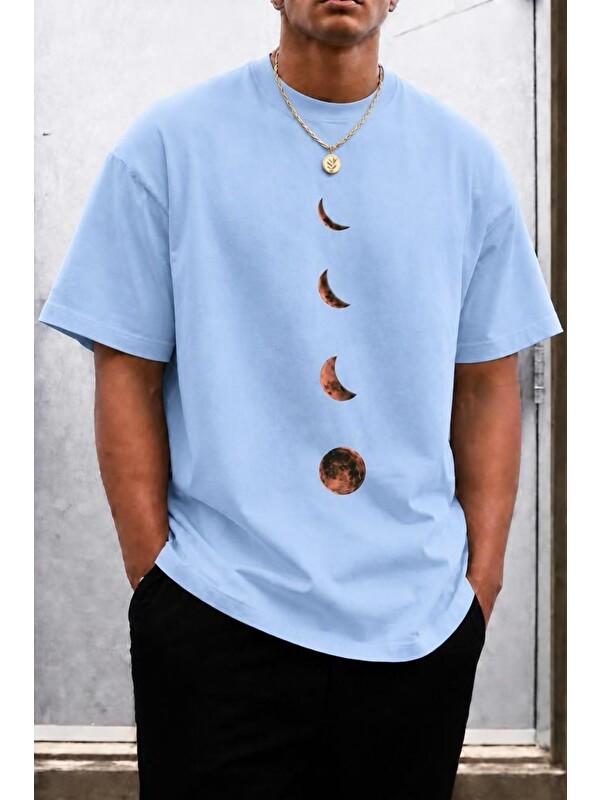 Oksit Moon Baskılı Bisiklet Yaka Pamuklu Erkek T-Shirt Rahat Kesim