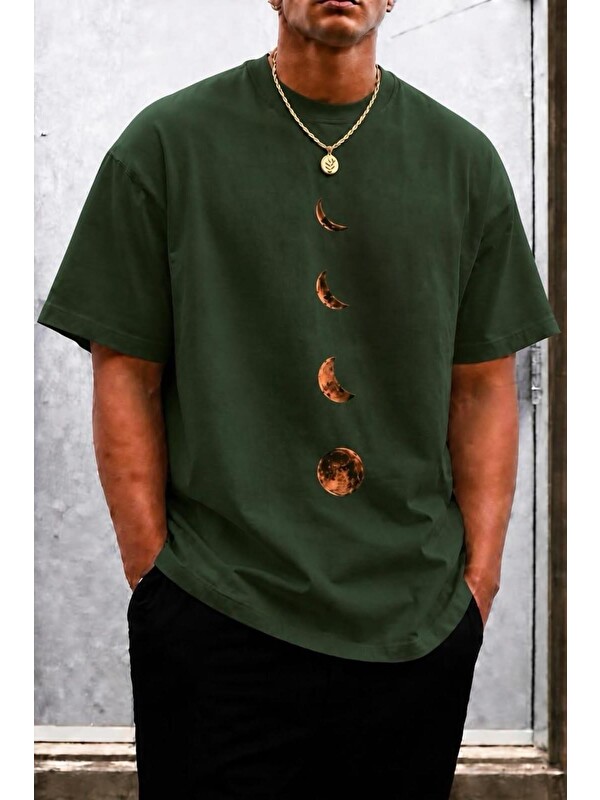 Oksit Moon Baskılı Bisiklet Yaka Pamuklu Erkek T-Shirt Rahat Kesim