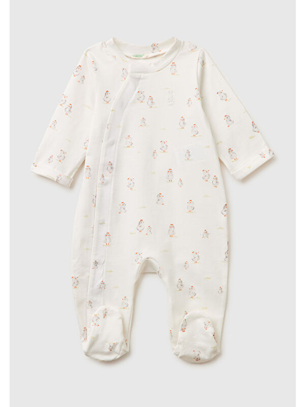 United Colors Of Benetton Bebek Ekru Gizli Çıtçıtlı Tamamı Desenli Uzun Kollu Tulum