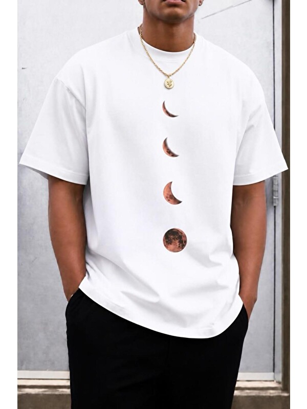 Oksit Moon Baskılı Bisiklet Yaka Pamuklu Erkek T-Shirt Rahat Kesim