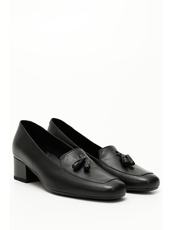 SİYAH MELANJ Hakiki Deri Küt Burun Kısa Kalın Topuklu Püsküllü Kadın Ayakkabı 13313 - Görsel 4