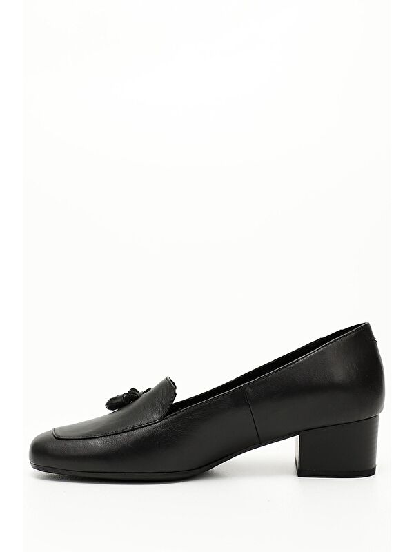 SİYAH MELANJ Hakiki Deri Küt Burun Kısa Kalın Topuklu Püsküllü Kadın Ayakkabı 13313 - Görsel 5