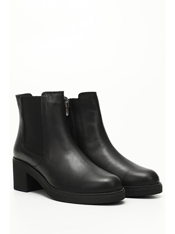 SİYAH MELANJ Hakiki Deri Yuvarlak Burun Topuklu Kadın Günlük Chelsea Bot 51488 - Görsel 3