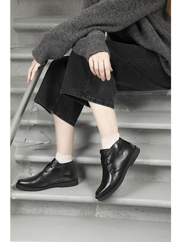 SİYAH MELANJ Hakiki Deri Oxford Kalıp Kauçuk Taban Bağcıklı Kadın Günlük Bot 51456 - Görsel 3