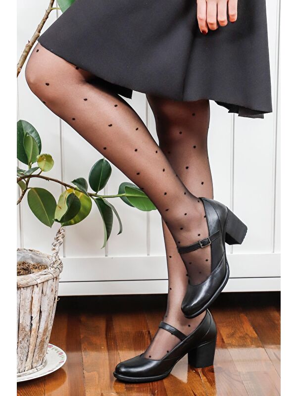 SİYAH MELANJ Hakiki Deri Yuvarlak Burun Orta Topuklu Kauçuk Taban Kadın Ayakkabı 24136 - Görsel 3