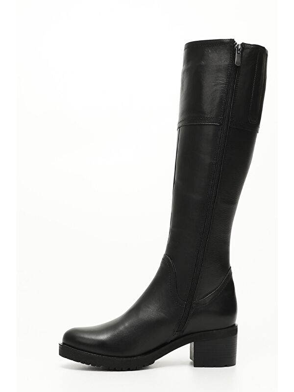 SİYAH MELANJ Hakiki Deri Yuvarlak Burun Kauçuk Taban Topuklu Fermuarlı Kadın Günlük Çizme 63591 - Görsel 4