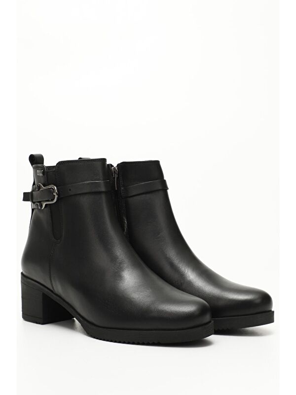 SİYAH MELANJ Hakiki Deri Yuvarlak Burun Kauçuk Taban Topuklu Fermuarlı Tokalı Kadın Bot 51464 - Görsel 3