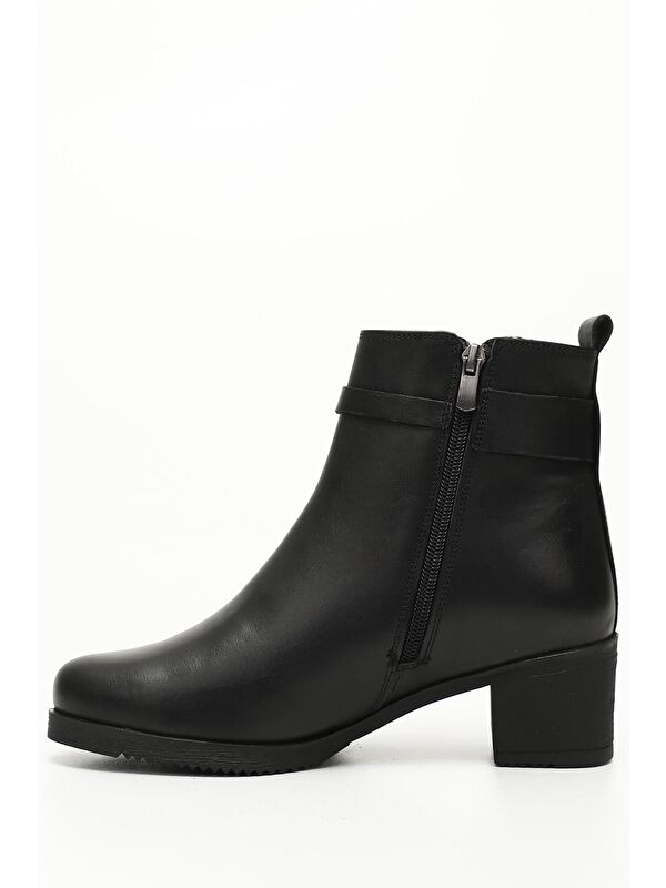 SİYAH MELANJ Hakiki Deri Yuvarlak Burun Kauçuk Taban Topuklu Fermuarlı Tokalı Kadın Bot 51464 - Görsel 4