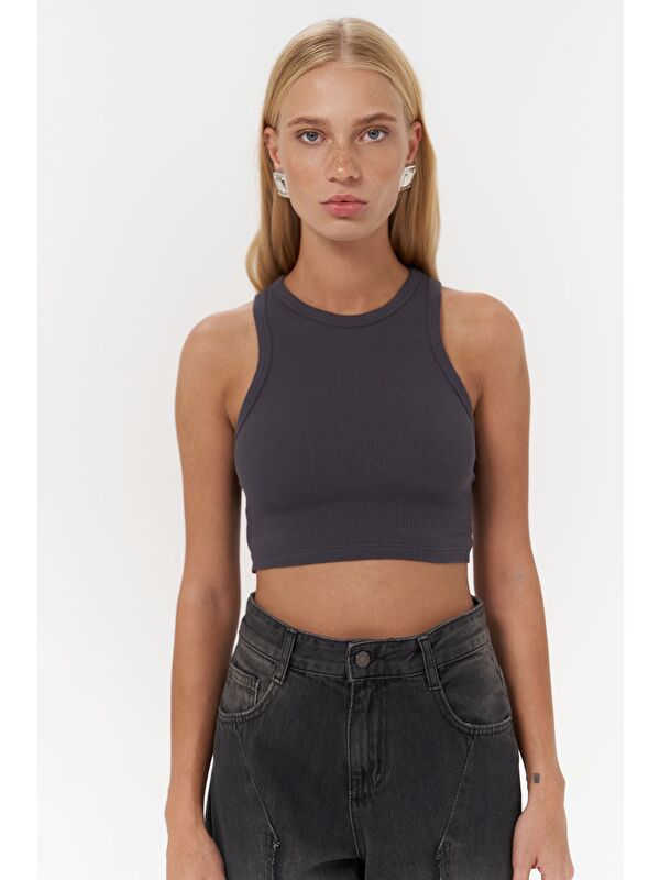 Mai Collection Fleur Fitilli Halter Yaka Antrasit Crop
