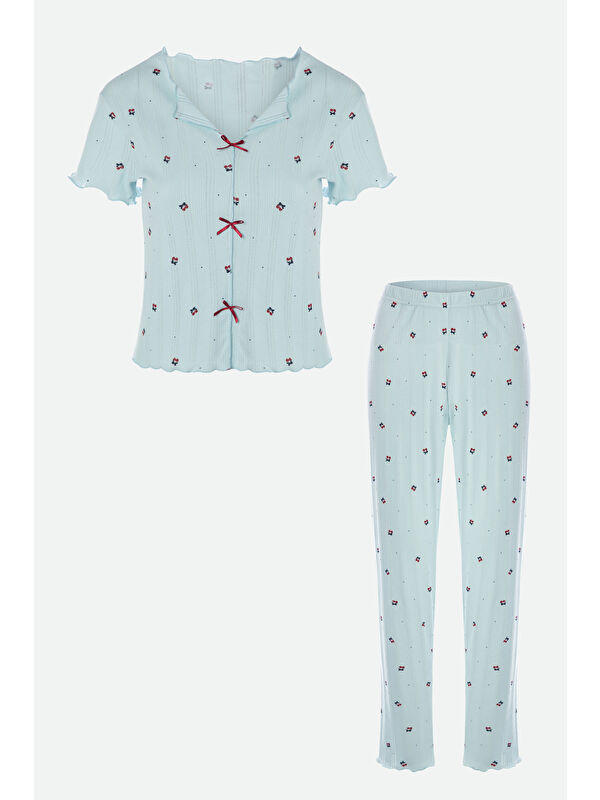 Koza İç Giyim Kadın Kısa Kollu Fiyonklu İndigo Fitilli Pijama Takımı