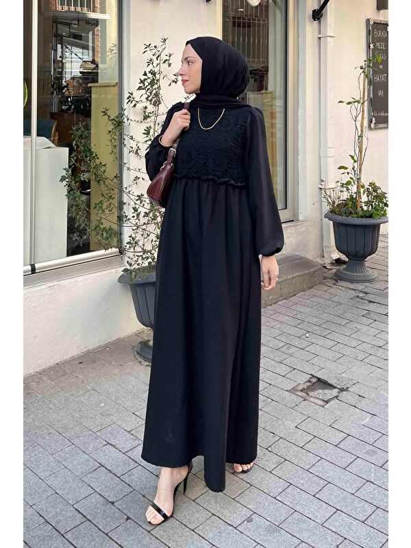 Lamelif Dantel Örgü Detaylı Elbise Siyah