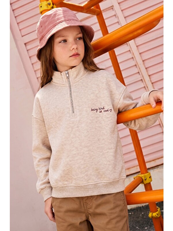 Fullamoda 3 İplik Yarım Fermuarlı Dik Yaka Kız Çocuk Sweatshirt