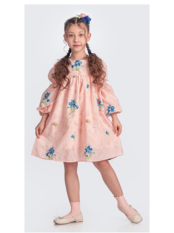 Mnk Baby & Kids Otantik Akdeniz Çiçek NakışKız Çocuk Müslin Elbise M00706