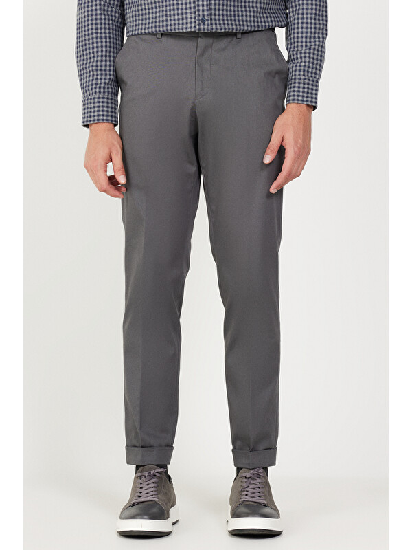 Altınyıldız Classics Erkek Gri Slim Fit Dar Kesim Gabardin Kumaş Desenli Pamuklu Esnek Beli Lastikli Pantolon