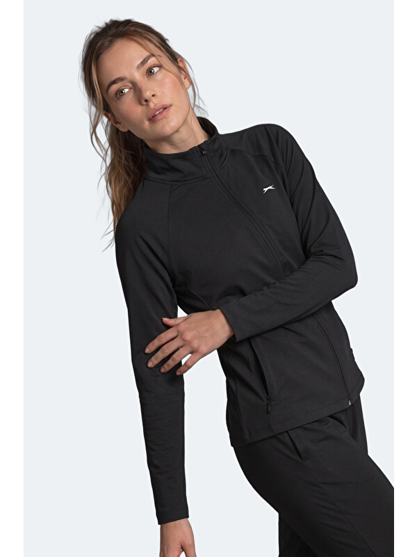 SLAZENGER RAZOR Kadın Dik Yaka Fermuarlı Siyah Sweatshırt