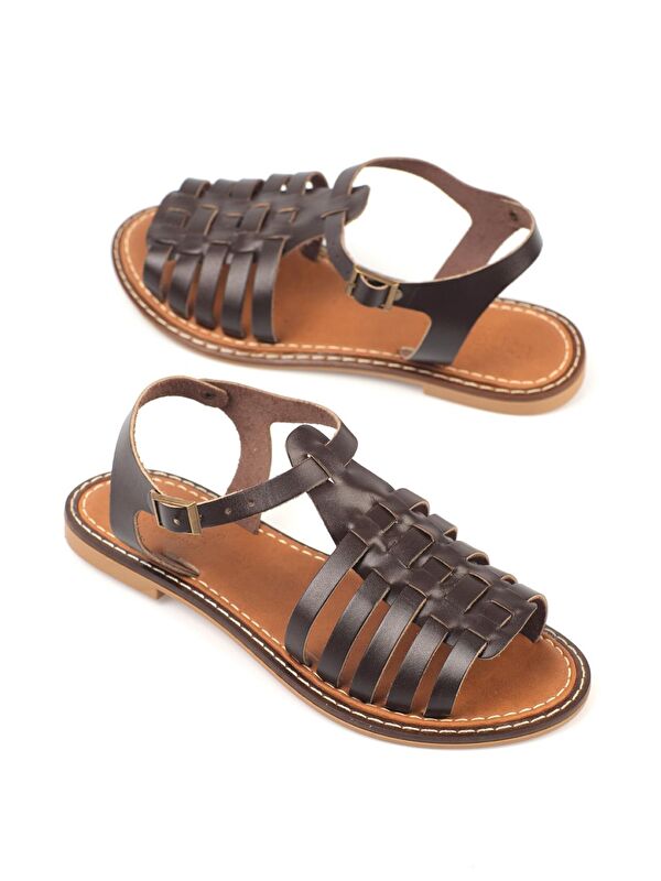 Yuvarlak Burunlu Gladyatör Bantlı Kadın Deri Sandalet - Görsel 3