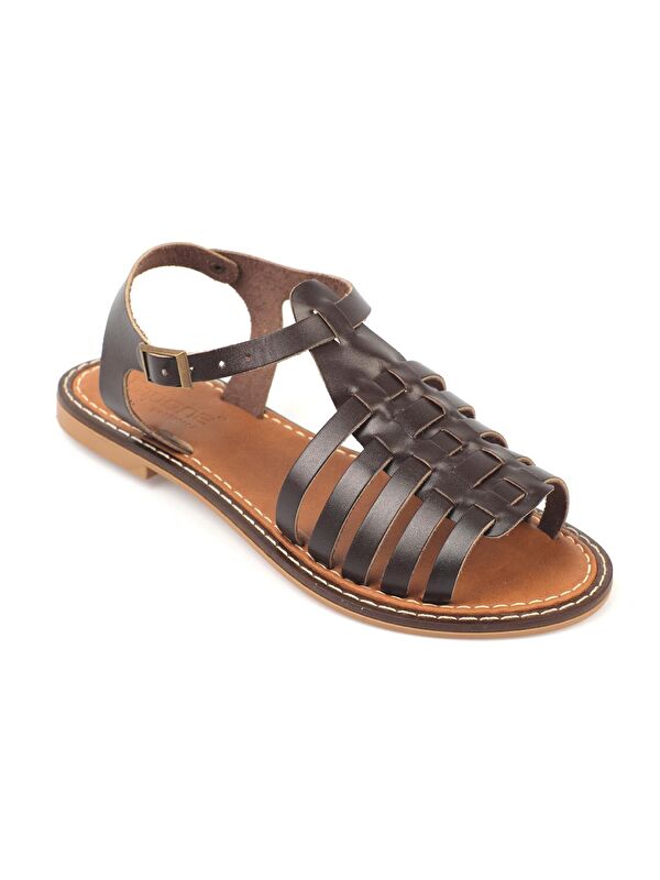 Yuvarlak Burunlu Gladyatör Bantlı Kadın Deri Sandalet - Görsel 5