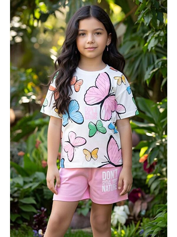 Riccotarz Kız Çocuk Üzeri Renkli Digital Kelebek Baskılı T-shirt Pembe Şortlu Takım