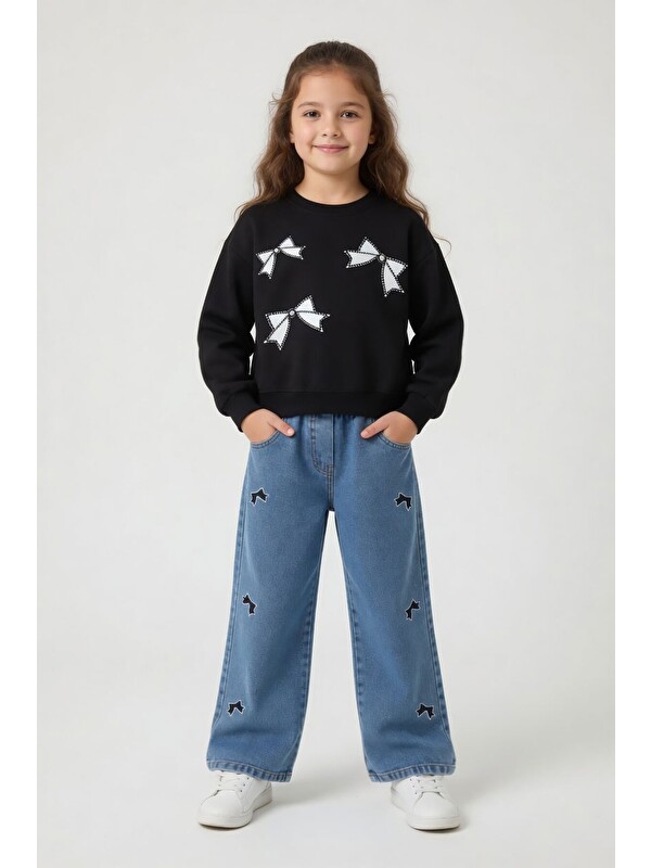 Cansın Mini Siyah Taşlı Fiyonk Desenli Badili Jean Pantolonlu Kız Çocuk Alt Üst Takım 24156
