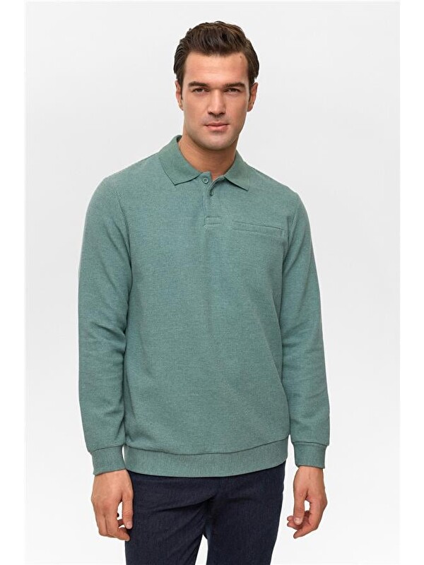 Süvari Haki Regular Armürlü Polo Yaka Sweatshirt