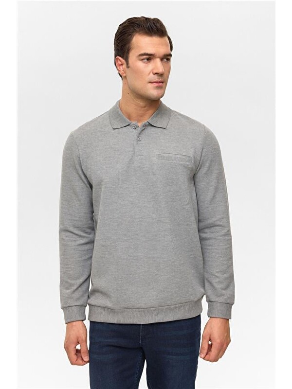 Süvari Gri Regular Armürlü Polo Yaka Sweatshirt