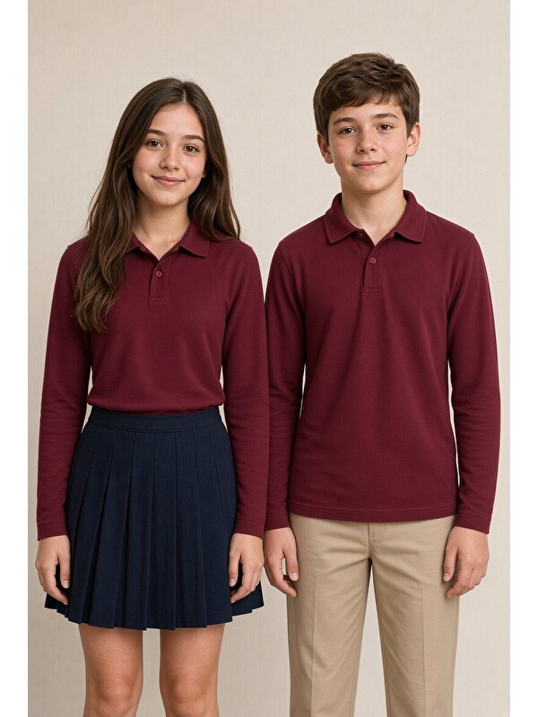 Cansın Mini Bordo Kız / Erkek Çocuk Uzun Kol Polo Yaka Okul Tişörtü 24865