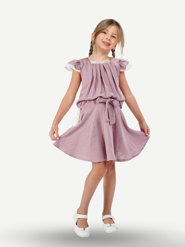 Casabony Lila Muslin Dantelli Kız Çocuk Tunik + Etekli Takım