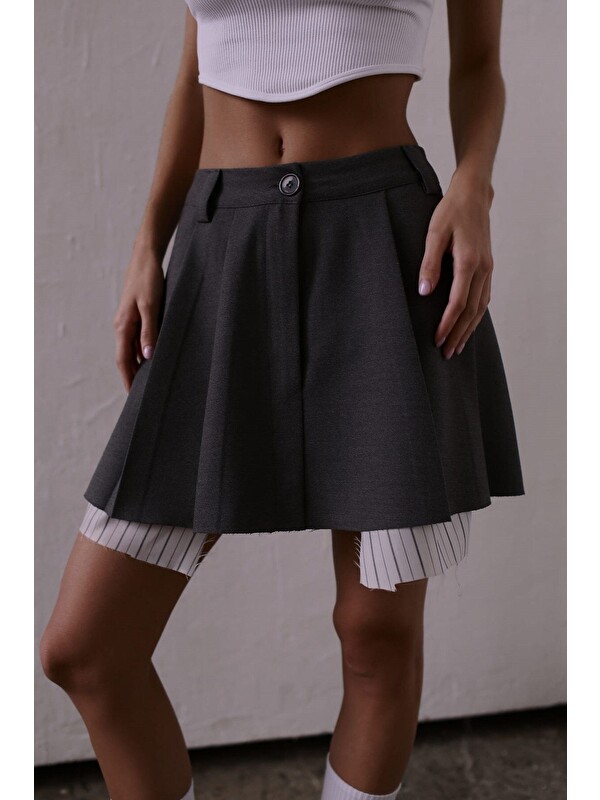 Mai Collection Rina Pileli Füme Mini Etek