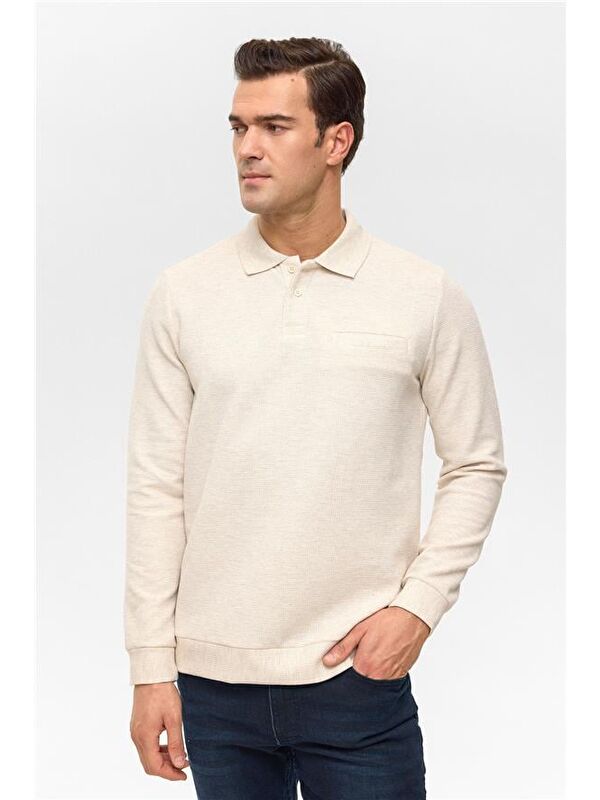 Süvari Bej Regular Armürlü Polo Yaka Sweatshirt