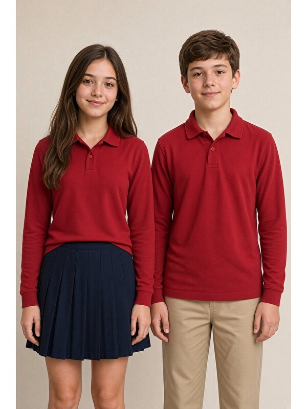 Cansın Mini Kırmızı Kız / Erkek Çocuk Uzun Kol Polo Yaka Okul Tişörtü 24863